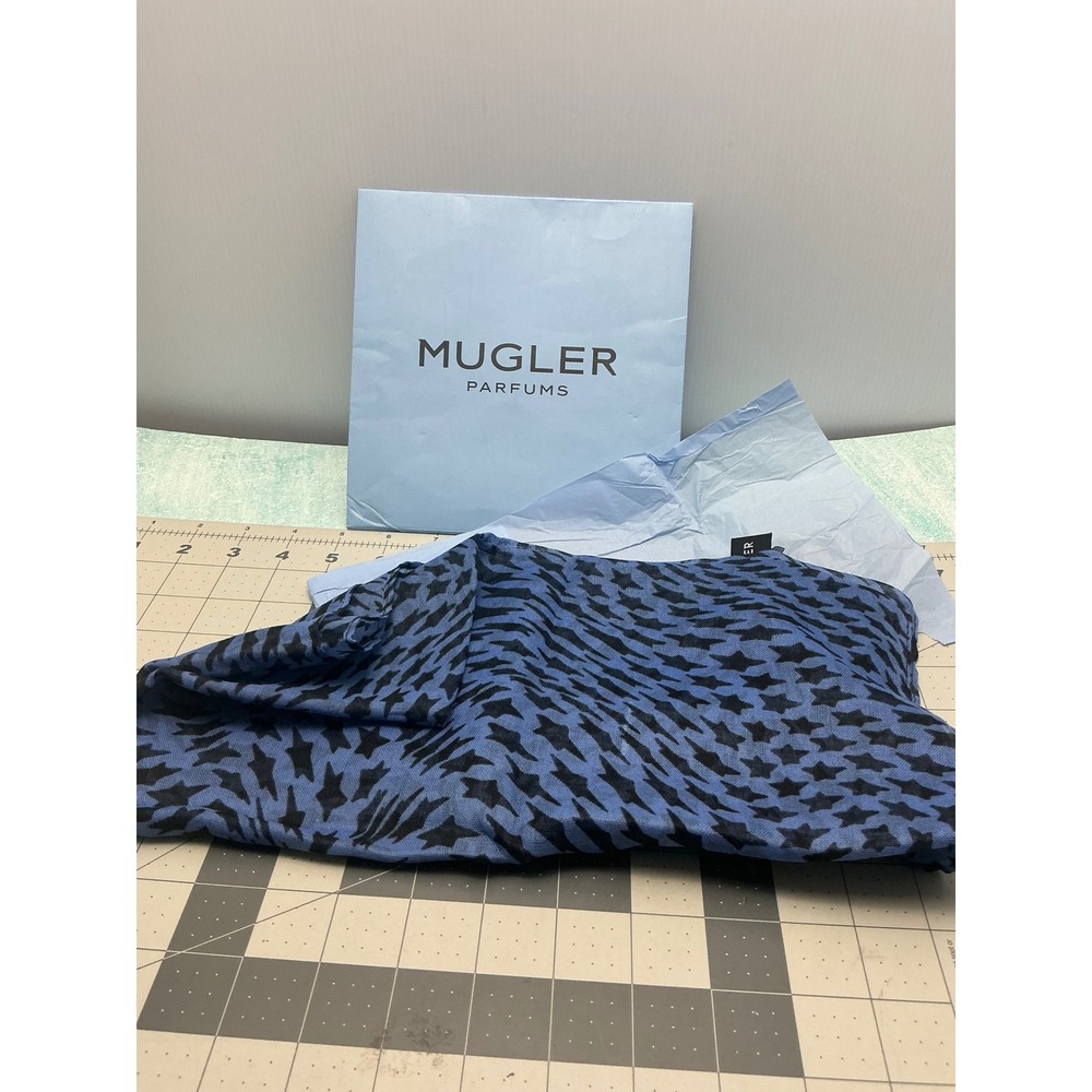 Mugler Parfums Blue Black Star Print Sheer Square Scarf with Original Sleeve